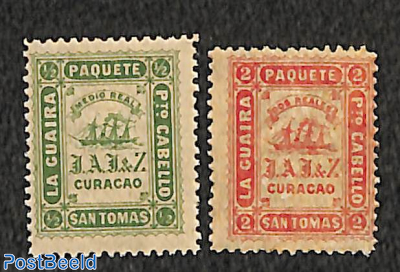 Shipmail Curacao 2v, perf. 12.5 (Jesurun issue, Waterlow&Sons, London)