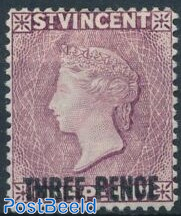 THREE PENCE on 1p, Queen Victoria 1v